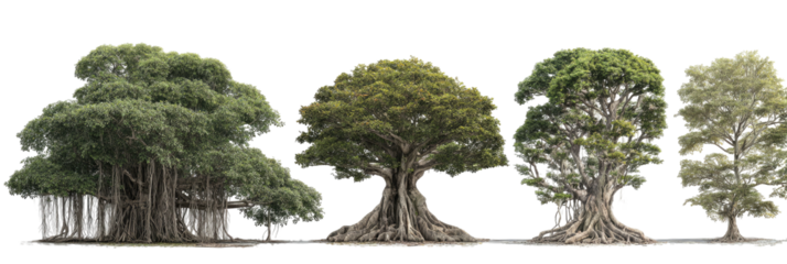 Four different large mature trees in a row