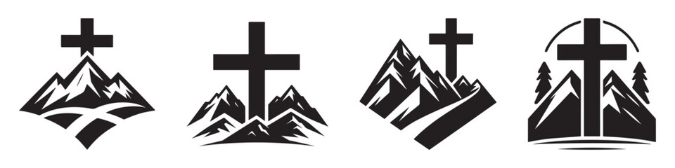 Nature Landscape Outdoor Mountain Cross Icon, Flat Silhouette of an Outdoor Scenery Vector for Adventure Illustration Design