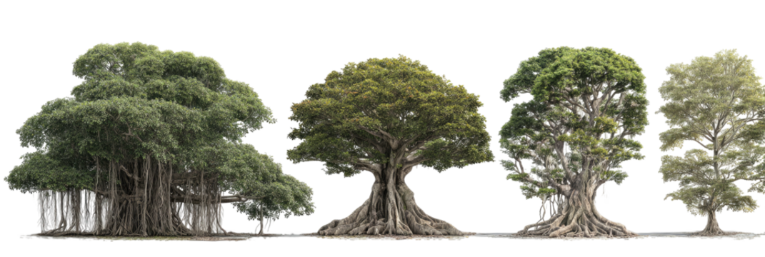 Four different large mature trees in a row