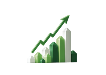 Green up arrow surges above a bar graph on black
