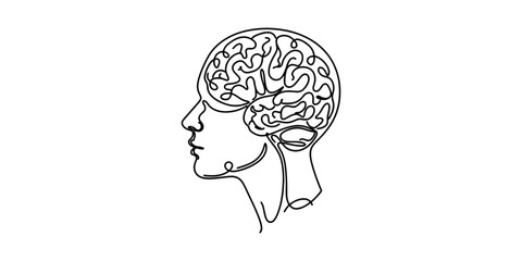Continuous one line drawing of a human head with a brain inside, minimalist design symbolizing intelligence, psychology, thinking, creativity, and mental health concept.