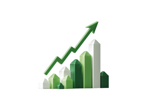 Green up arrow surges above a bar graph on black