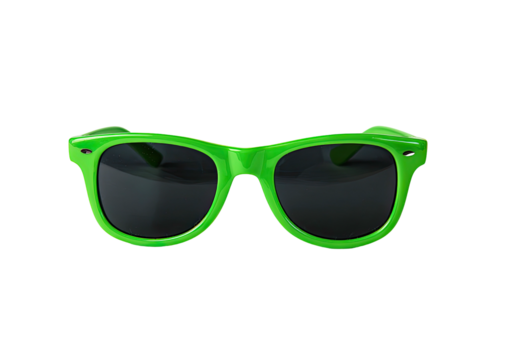 Green-framed sunglasses with dark lenses on black background
