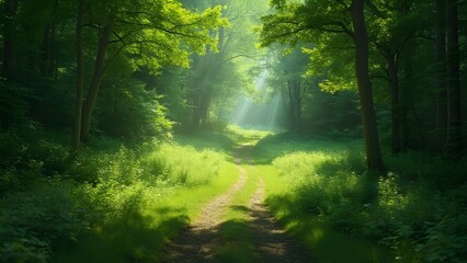 Obraz premium Sunlit Path Through Lush Green Forest Landscape
