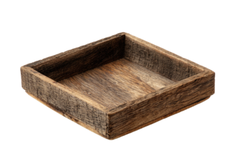 Square, rustic wooden box. Low light, textured surface