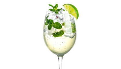 A refreshing cocktail with ice, mint, and lime in a clear wine glass, black background