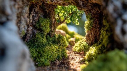 Tranquil Tunnel Vision: A mossy, earthy haven reveals glimpses of a lush, sun-drenched landscape beyond, inviting exploration and discovery.