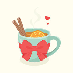 A cute green mug with red bow filled with hot spice drink, decorated with orange slice and cinnamon sticks. Christmas cup vector illustration.