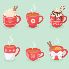 Set of red festive mugs with winter patterns filled with different drinks, decorated with cream,  chocolate syrup, lollipop cane, cinnamon sticks and bow. Christmas cup vector illustration.