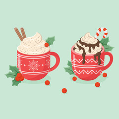 Two cute red mugs with winter patterns filled with festive spice drink and cream, decorated with cinnamon sticks, lollipop cane and holly branches. Christmas cup vector illustration.
