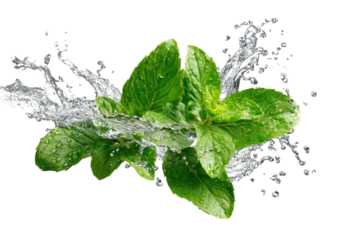 Mint leaves splashed with clear water on black backdrop