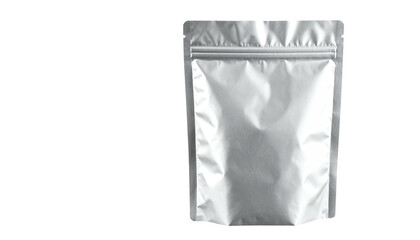 Shiny, silver, pouch with a zipper closure and wrinkled surface, on black backdrop