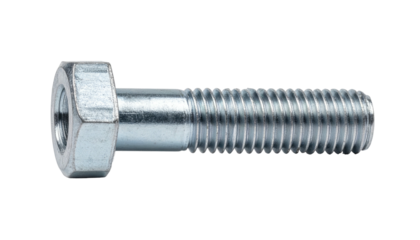 Close-up of a shiny metal bolt with a hexagonal head and threaded shaft