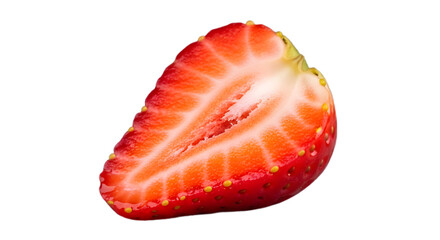 Strawberry slice close up fresh fruit red berry delicious healthy eating isolated black background macro shot on transparent background