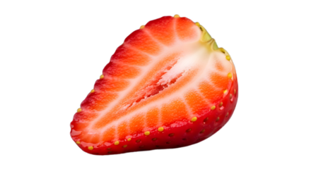 Strawberry slice close up fresh fruit red berry delicious healthy eating isolated black background macro shot on transparent background