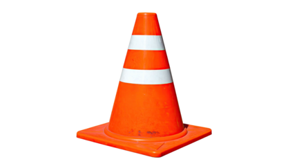 A single, bright orange traffic cone with two white stripes, on a solid black backdrop