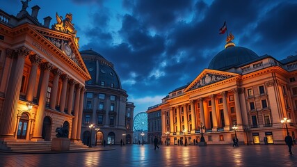 Obraz premium Illuminated classical architecture stands majestically in a European city square at dusk, showcasing historic buildings and a distant Ferris wheel view at night.