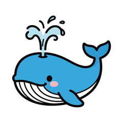 Cute Happy Blue Whale Spouting Water Cartoon Sea Animal Vector Illustration