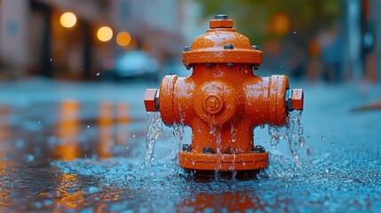 Fototapeta premium Orange fire hydrant spewing water onto wet street in a blurry urban setting