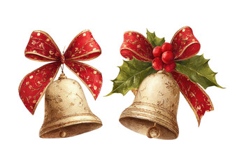 Two golden bells with red bows and holly, festive and bright