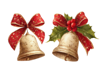 Two golden bells with red bows and holly, festive and bright