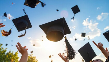 Graduation ceremony with students joyfully tossing caps into the sky against a bright blue backdrop