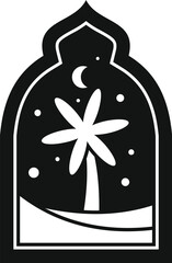 Stylized black and white vector illustration of a desert landscape at night, featuring a palm tree, crescent moon, and stars viewed through a traditional arabian arch window