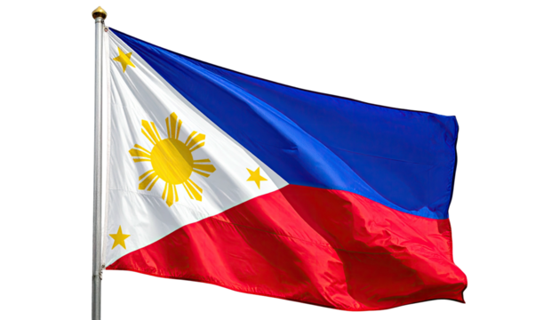 A billowing flag with sun and stars, blue, white, and red horizontal bands