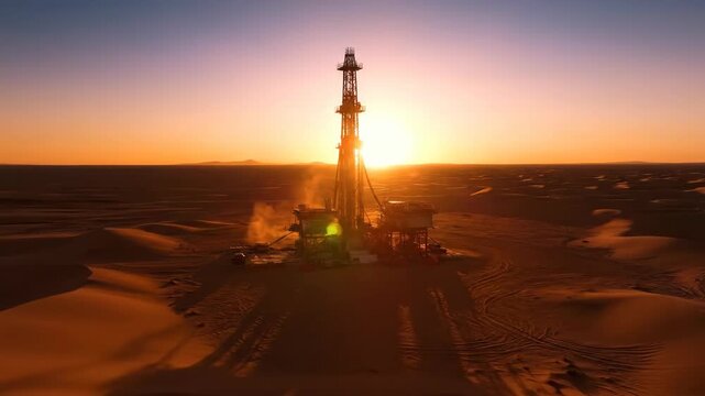Oil Drilling Rig Operating in Desert at Sunset