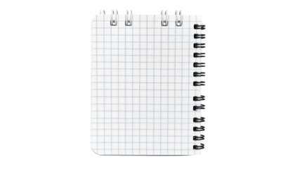 Isolated, open, blank graph-paper notebook, spiral-bound on black background