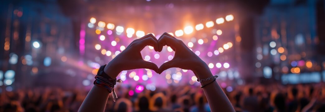 A luminous heart is formed by hands against the vibrant lights of a concert venue.