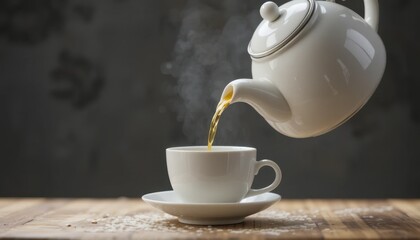 Hot Tea is Being Poured From a White Kettle Into a Cup on a Wooden Table