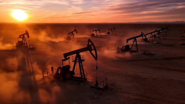 Oil Derricks Pumping at Sunset in Barren Landscape