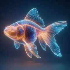 Neon glowing fish with blue and orange light patterns on dark background, detailed fins and tail, elegant aquatic shape, luminous outlines, soft gradient glow, futuristic minimalism, digital illustrat