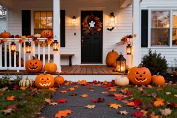Halloween Front Porch with Pumpkins and Lights