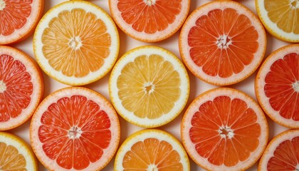 Vibrant Assortment of Citrus Fruit Slices Arranged on a Flat Surface Showcasing Different Colors and Textures