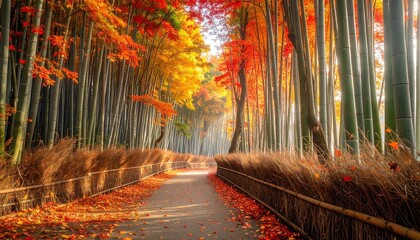 Fototapeta premium Autumnal Path Through Bamboo Forest - A Serene Landscape.