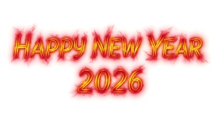 Wishing a happy new year 2026 with fiery letters and numbers symbolizing the year of the fire horse, isolated on a white background