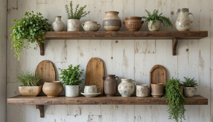 Fototapeta premium Decorative Shelves Lined With Pottery and Greenery in a Cozy Interior Setting