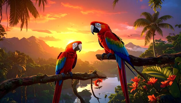 Two macaws perch on a branch, vibrant sunset over a tropical jungle scene