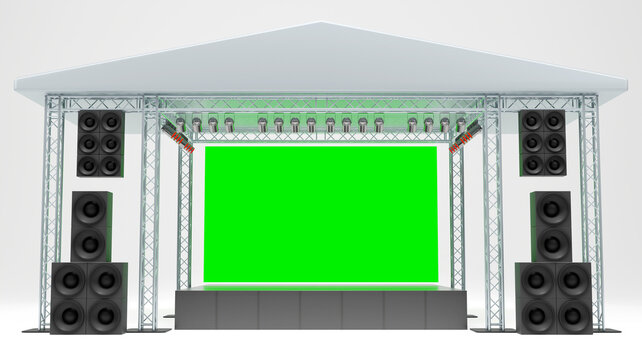 3D rendering of outdoor stage show and truss construction with light and sound system, green screen for concert performance, Stage design concept