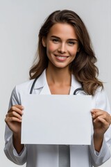 Naklejka premium Caucasian female young doctor holding blank paper with stethoscope