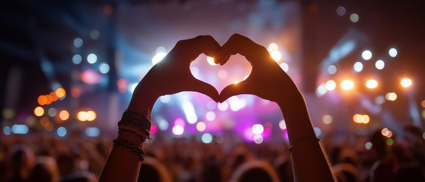 A luminous heart is formed by hands against the vibrant lights of a concert venue.