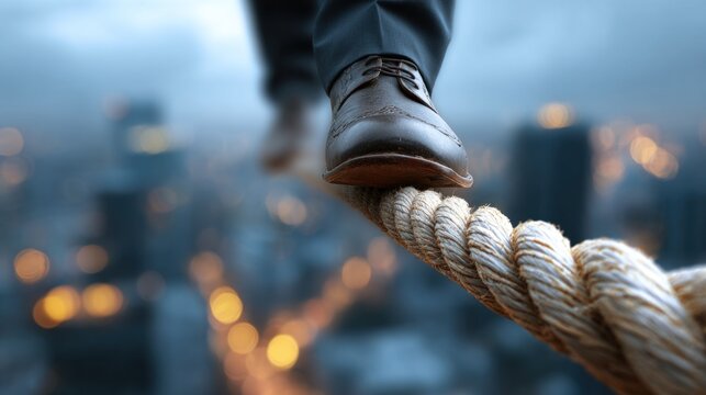 A businessman carefully walks a tightrope high above the city, demonstrating balance, business equilibrium, risk and danger.