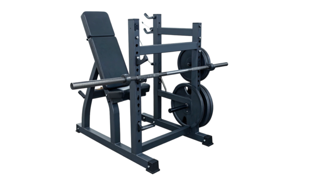 Heavy-duty weight bench machine with a barbell loaded with weight plates