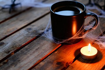 Black Coffee Mug with Candle and Spiderweb