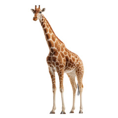 Obraz premium A full-body image of a majestic giraffe, showcasing its distinctive brown and cream patterned coat and long neck, standing tall. background removed