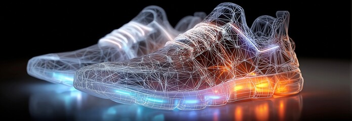 futuristic LED shoes featuring a thorough wireframe for cutting-edge footwear innovation.