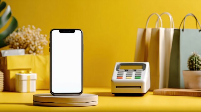 A person holds a phone in their hands, preparing to make a contactless payment in a vibrant store
