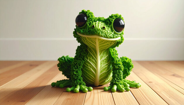 Green frog figurine made of lettuce sitting on wooden floor